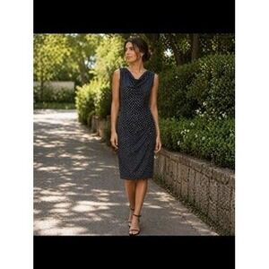 Enfocus Studio Navy Blue Polka Dot Cowl Neck Ruched Sheath Dress Womens 8 (73)